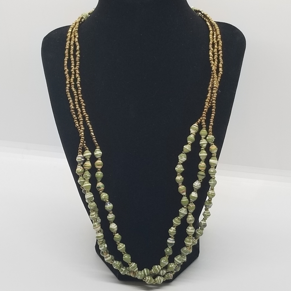 layered necklace green paper beads and gold tone seed beads